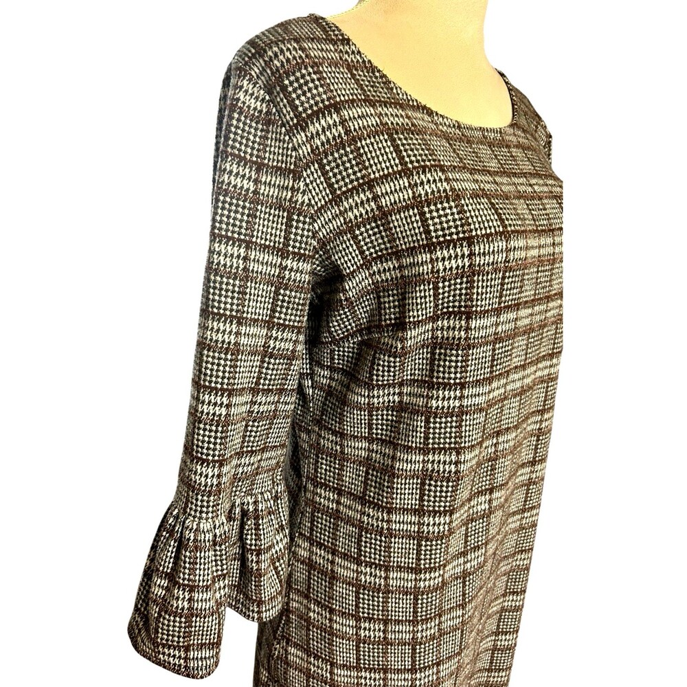 Nina Leonard Womens S Plaid Brown Gray 3/4 Balloon Sleeves Shift Stretch Dress - Picture 3 of 9